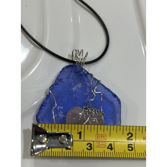 Rose Quartz & Blue Sea Glass Unconditional Love Silver Tone Wire Wrapped Pendant - Picture 6 of 6
